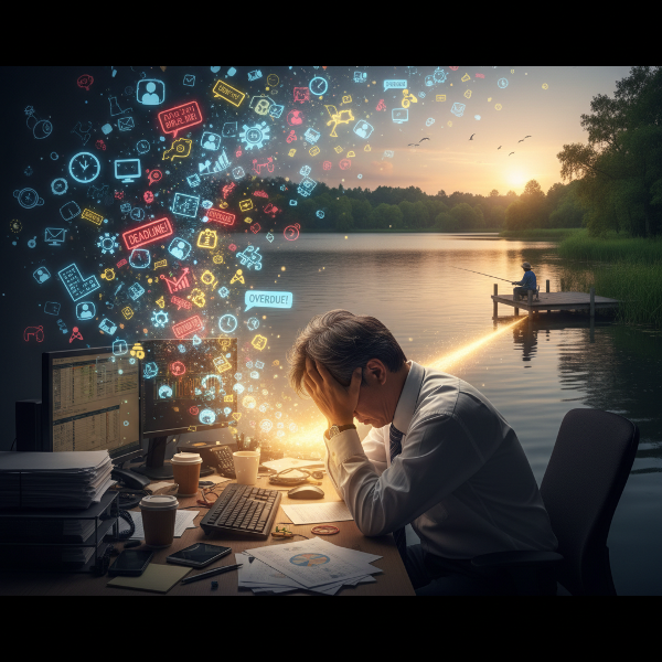 描绘一位中年男性在办公室中感到职业倦怠，同时展现一条通往户外休闲活动的希望之路，象征从疲惫到恢复平衡的转变。