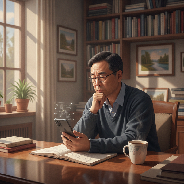 中年男子在书房中低头看手机，周围有笔记本和咖啡，光影对比突出内心挣扎。