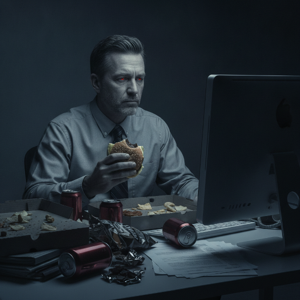 科技公司中年男性因职业倦怠和压力通过情绪化进食寻求慰藉，感到自责和透支