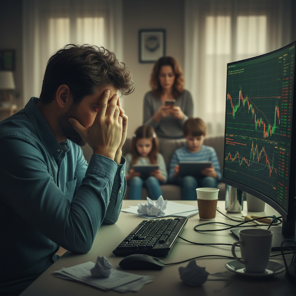 一位44岁男性对在线交易成瘾，在电脑前查看股票图表，神情焦虑，家庭关系在背景中被忽视，展现了数字依赖与生活失衡的冲突。