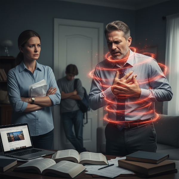 一位中年男教师在家庭争吵中感到胸闷气短，象征家庭冲突与身心症状的关联。