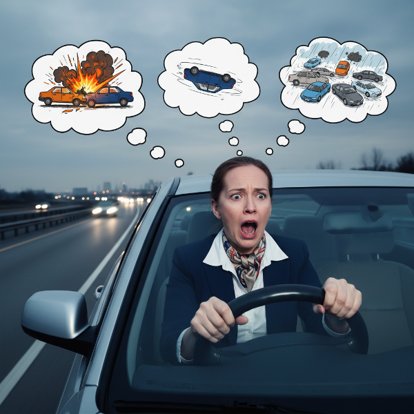 一位43岁女教师在高速公路匝道上焦虑恐慌的场景，表现对驾驶的特定恐惧。