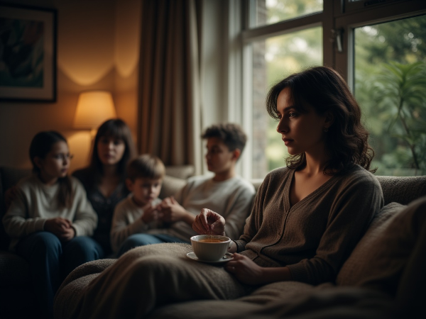 一位40岁女性在家中感到孤独，坐在窗边表情遥远，拿着茶杯，家人在场但疏离，柔和光线传达内省和对更深连接的渴望。