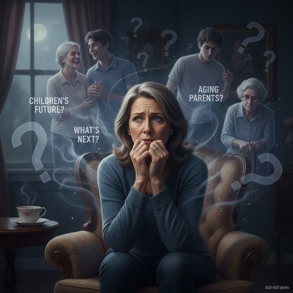 一位中年女性在深夜的房间里，被代表对家人和未来担忧的阴影与思绪所包围，表情焦虑。