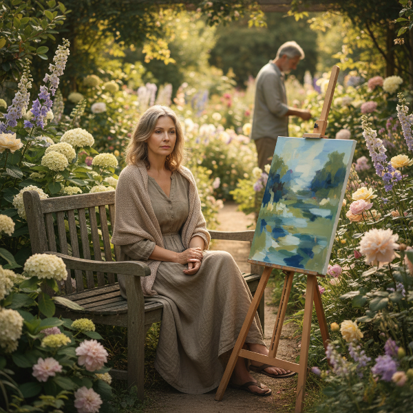 一位50岁女性在花园中沉思，周围有鲜花和未完成的画作，背景有丈夫的身影，表现不孕带来的失落与对生活意义的追寻。
