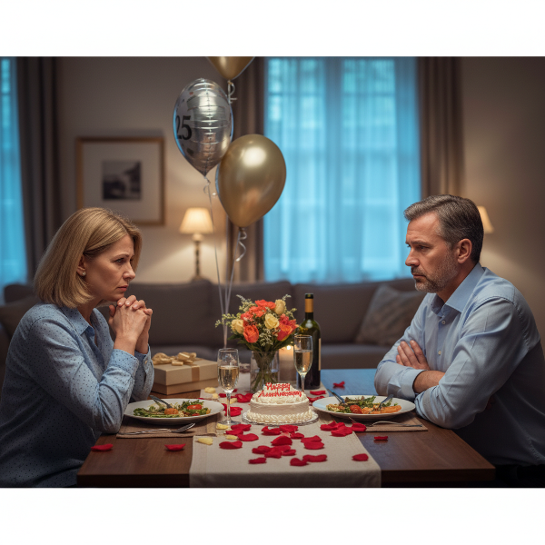 一位45岁女性在结婚纪念日晚餐上与丈夫产生情感隔阂的场景，表现出焦虑和回避亲密关系的情绪。