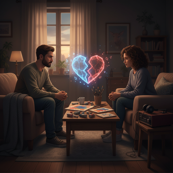 一对中年伴侣在客厅中，因情感不忠而关系紧张，通过艺术和音乐疗法寻找重建信任与亲密感的希望。