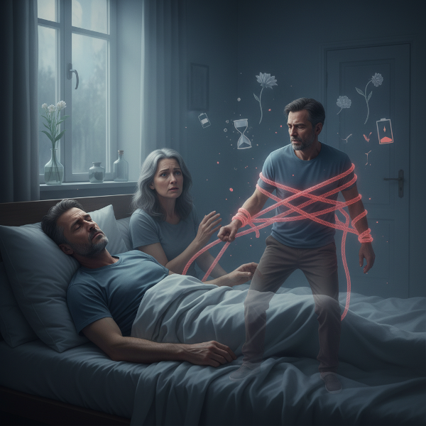 一位中年男性在亲密关系中感到心理能量枯竭，梦境象征束缚，探讨潜意识与情感消耗的联系。