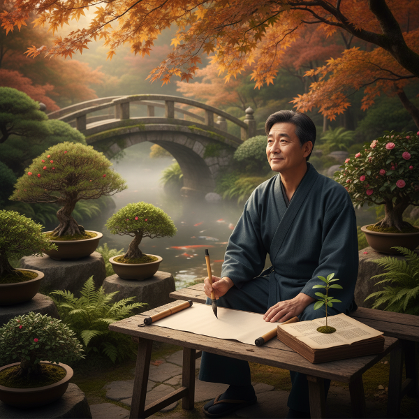 一位55岁男性在宁静的花园中沉思，手持毛笔，周围环绕植物，光线柔和温暖，背景有桥和从旧书中生长出的幼苗等隐喻元素，传达内省与平和。