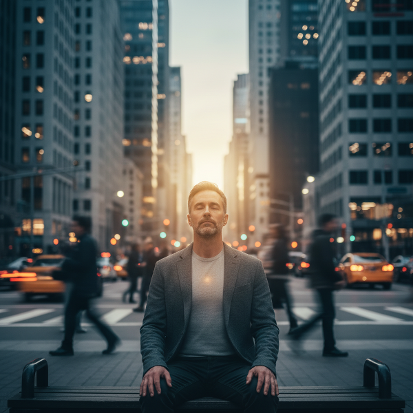 一位中年男子在快节奏生活中感到孤独，通过正念练习寻求平静与连接。
