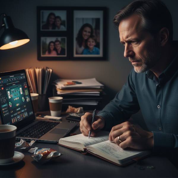 中年男性深夜面对在线扑克游戏的内心挣扎，展现依赖与改变的冲突