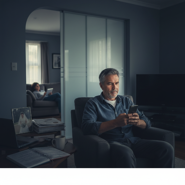 一位55岁男性在夜晚的客厅里沉思，与妻子虽同处一室却情感疏离，画面通过渐褪的婚纱照等隐喻展现亲密恐惧与工作生活失衡。