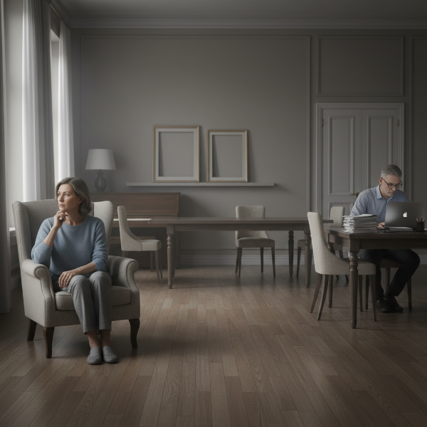 一位49岁女性在空荡的家中感到孤独，与忙于工作的丈夫之间存在情感距离，象征长期婚姻中的疏离与空巢期困惑。