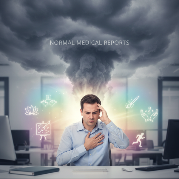 一位38岁男性因工作压力出现胸闷头痛，医学检查正常。图像展现心身连接，压力化为乌云，而冥想、呼吸练习等积极活动带来彩色光环，象征平衡。