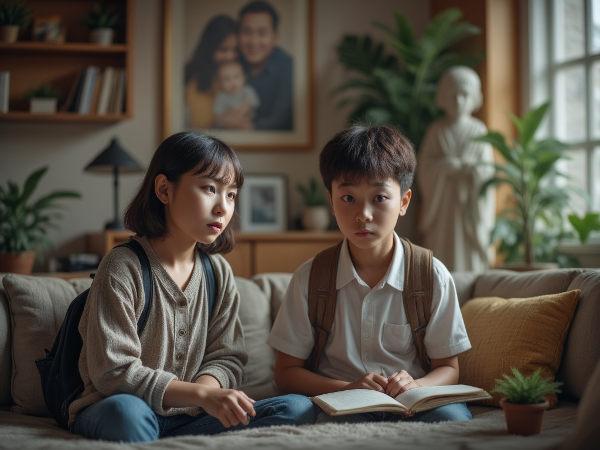 一位母亲与初中儿子在家中紧张但充满理解可能的场景，体现适应新环境和情绪支持。