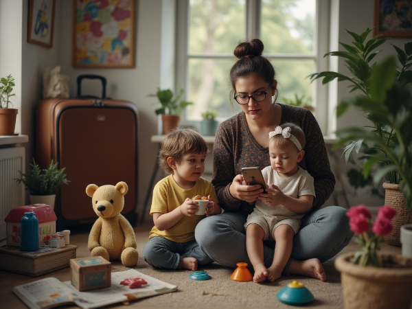 一位疲惫的母亲在育儿和家务中挣扎，同时照顾有特殊需求的孩子和幼儿，面临个人时间和夫妻关系的压力。