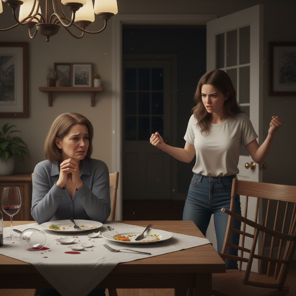 一位忧心忡忡的母亲与情绪激动的女儿在家庭聚餐时发生冲突的场景，展现了代际沟通的紧张与情感隔阂。