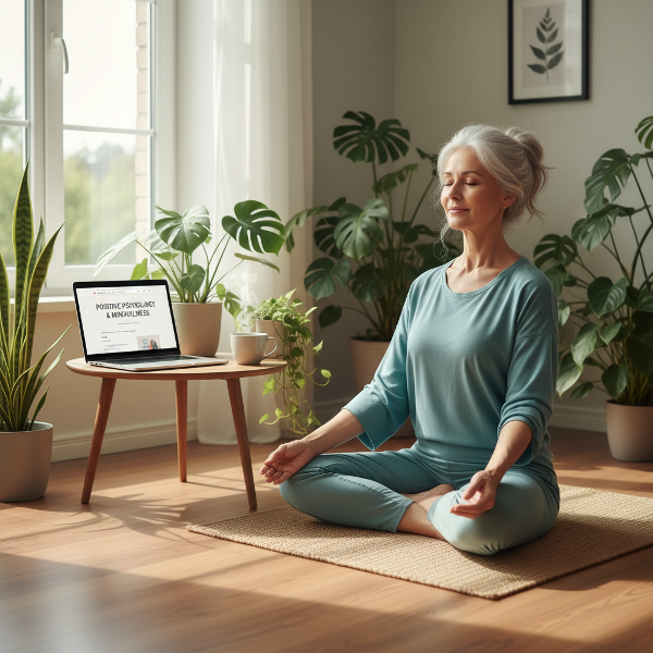 一位61岁女性在家中柔和光线下进行温和瑜伽，场景宁静，体现自我关怀与内心平衡。