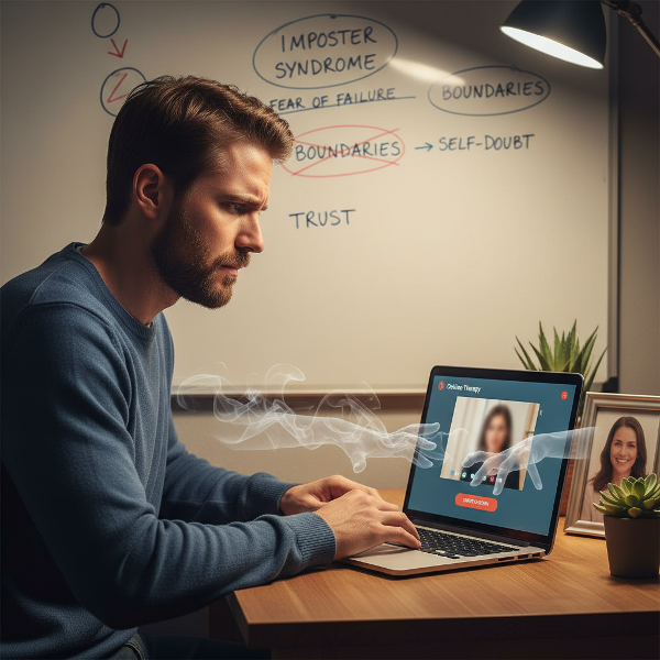 一位35岁男性在在线心理咨询平台前，面对来自伴侣和职场的微妙操控与自我怀疑，寻求建立界限与自信的成长之路。