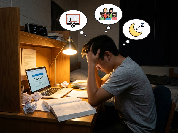 描绘一名疲惫的男大学生深夜被学业压力包围，同时渴望休息和兴趣的插图。