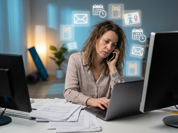 一位43岁女性在工作和家庭责任中感到不堪重负，寻求平衡与恢复的图像。