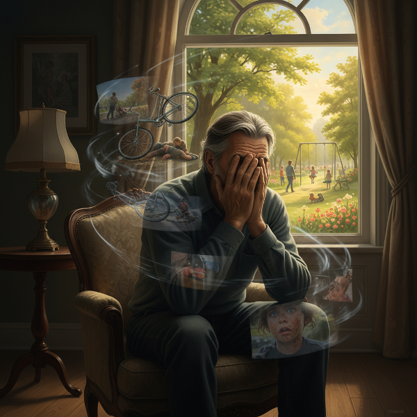 一位56岁男性因目睹公园事故而陷入创伤后应激，表现出噩梦、焦虑和回避行为，内心充满无助感。