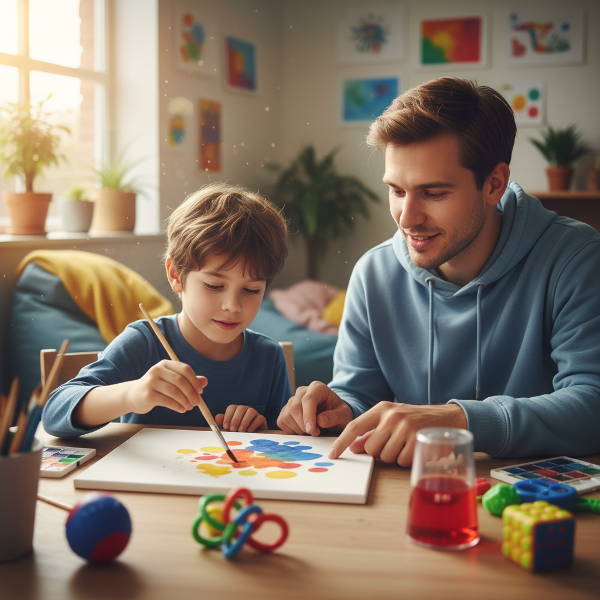 一位富有同理心的继兄，用绘画和短时计时器耐心引导患有ADHD的继弟进行平静活动，营造温暖支持的氛围。