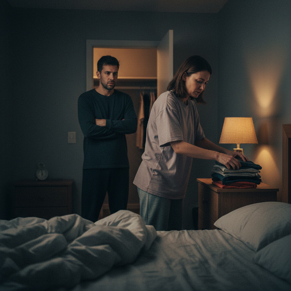 一位女性在卧室中因完美主义感到焦虑，影响与丈夫的亲密关系，场景展现紧张与希望并存。