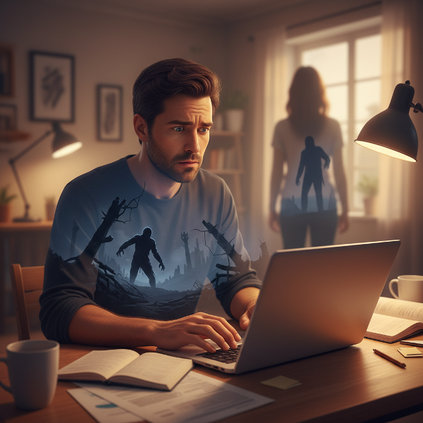 描绘远程工作者在家办公时的情感疏离与噩梦困扰的插图