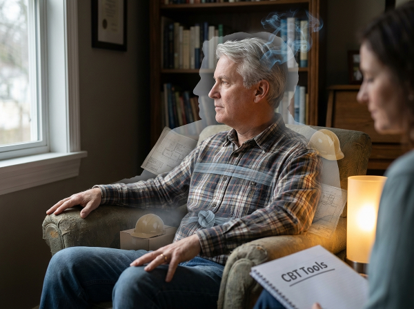 一位退休工程师的躯体症状与心理状态的艺术化表现，展现心身医学的关联。