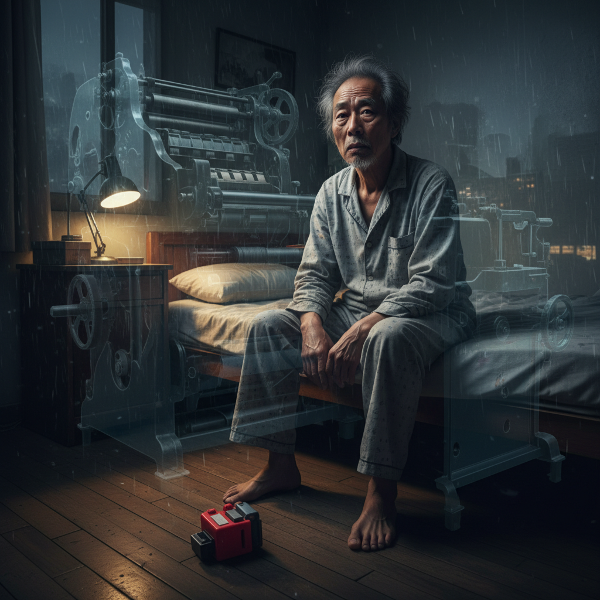 一位退休老人在深夜被20年前工伤事故的创伤记忆困扰，表现出失眠和闪回症状。