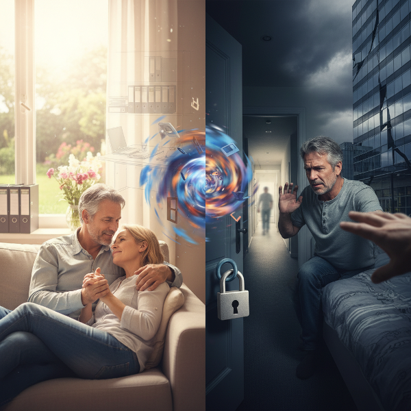 一位退休男性在家庭亲密关系中的矛盾感受：渴望连接却又感到被侵入，背景展现职业生涯与退休生活的对比，梦境元素隐约浮现。