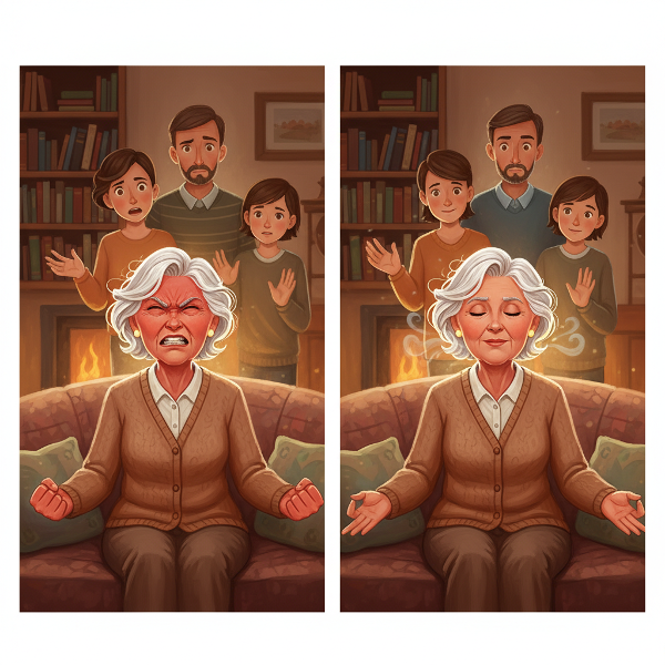 一位63岁退休女教师在客厅情绪失控到平静练习的转变过程，家人关切旁观。