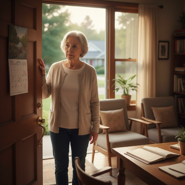 一位退休女士站在家门口，面对外出感到焦虑与犹豫的场景。