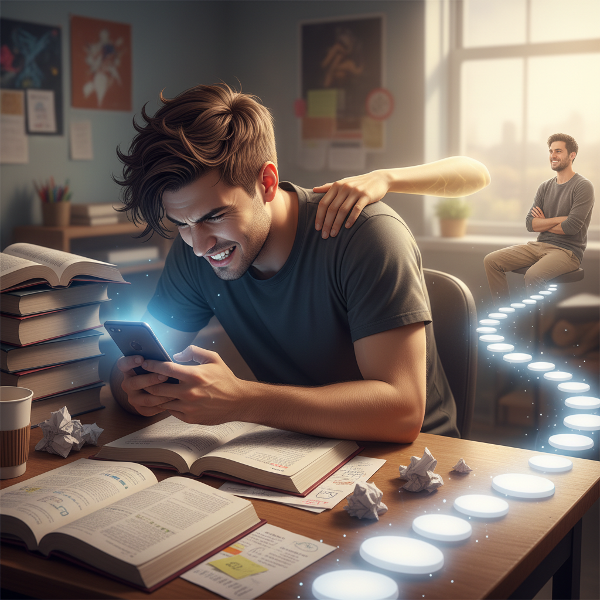 描绘一位年轻人在考试压力和手机干扰中，通过自我共情和微小行动，逐步走向自信的过程。