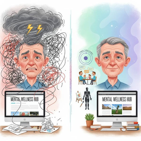 描绘一位63岁男性从愤怒烦躁到学习情绪管理技巧的转变过程，包含身体信号识别、家庭沟通、放松练习等元素。