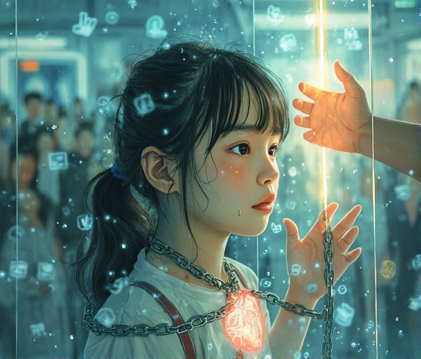 敏感女孩面对透明墙，墙外人群模糊，墙内身体焦虑，咨询师伸手带来希望。