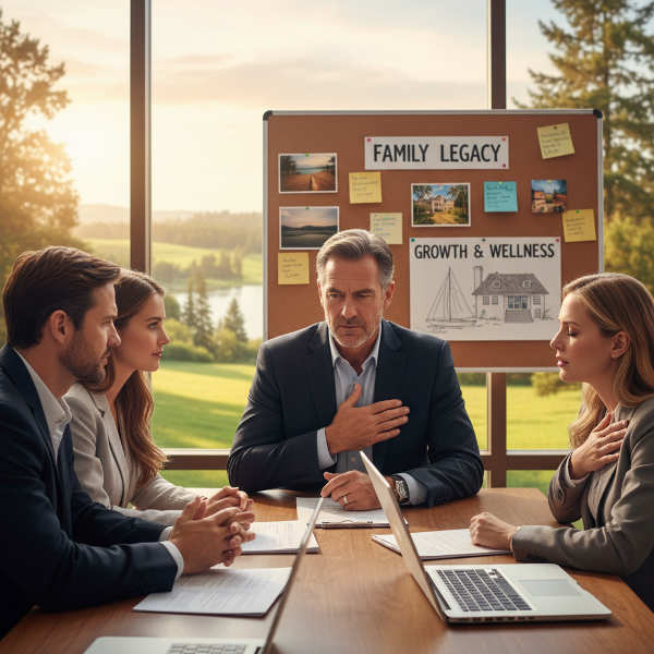 描绘了中年男性与兄弟姐妹在家庭事业会议中的紧张关系，通过身心放松和共情沟通来缓解压力。