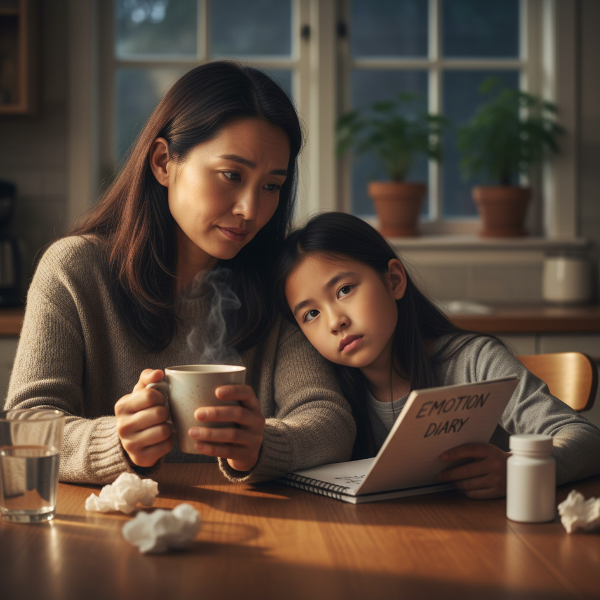 一位疲惫但充满关爱的单亲母亲与患有ADHD的女儿在餐桌旁交流，场景温馨，展现了养育挑战与情感支持。