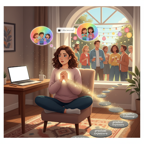 一位年轻女性在远程办公中感到社交孤立，通过心理技巧逐步克服焦虑，重建人际连接。