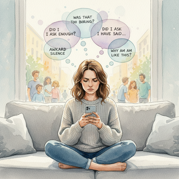一位女性在渴望社交连接与过度分析对话细节之间挣扎，内心充满自我评判的思绪，画面呈现孤独与社交焦虑的对比。