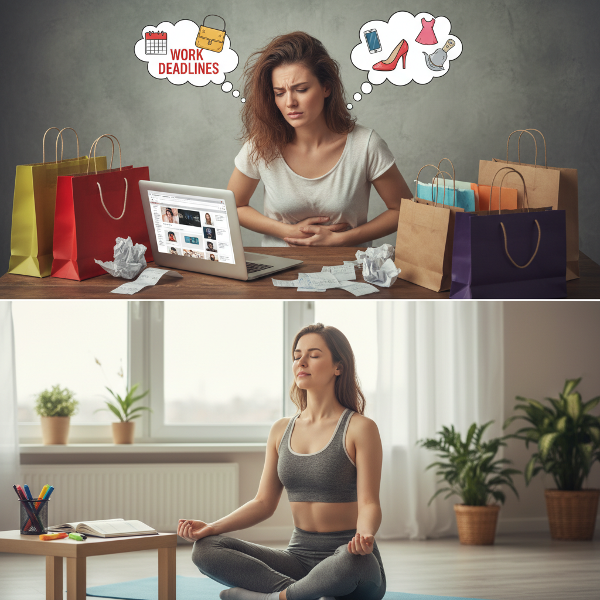 描绘一位女性在压力下情绪性购物后感到后悔和身体不适，以及她学习健康应对策略的过程。