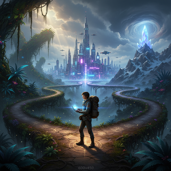 一个人站在岔路口，面对通向不同未知领域的道路，手持发光的指南针，象征着探索未知的冒险精神。