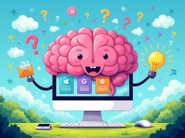 一幅卡通风格的大脑被描绘成一台电脑，屏幕上显示着三种不同的操作系统图标，周围漂浮着问号和灯泡创意，背景是多彩、有趣的数字景观。
