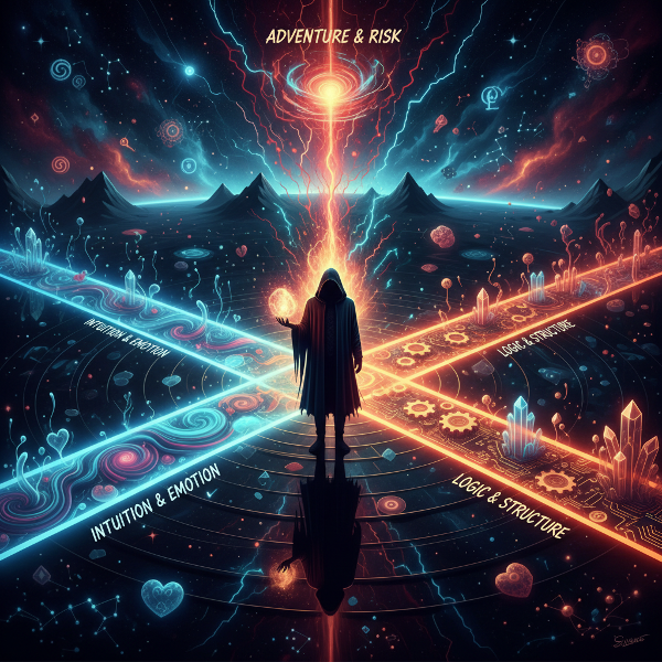 一个人站在三岔路口，分别代表直觉、逻辑和冒险三条路径，象征决策时的不同倾向。