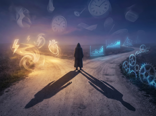 一个人站在十字路口，两条路分别代表直觉与理性思维，影子分向两边，象征决策中的双过程理论。