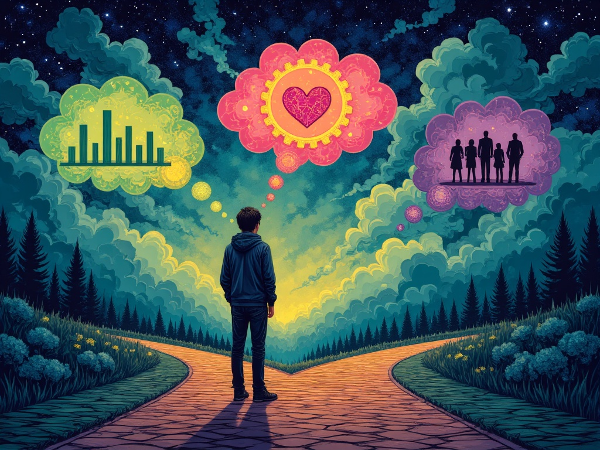 一个人站在三岔路口，分别代表直觉、逻辑和社交依赖的决策风格，展现选择的困境与思考过程。