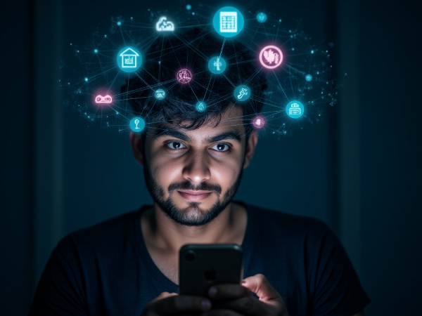 一个人看着发光的智能手机屏幕，数字图标和符号在其头部周围漂浮，代表数字技术对现代生活的心理影响。