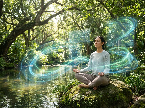 一个人在宁静的自然绿洲中冥想，周围环绕着发光的数据流和数字界面，象征着数字时代技术与心理健康之间的平衡。