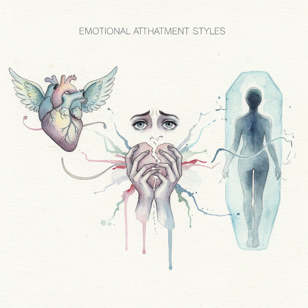 一幅描绘安全型、焦虑型和回避型三种情感依附模式的插画，用水彩风格表现人际关系中的情感连接与距离。